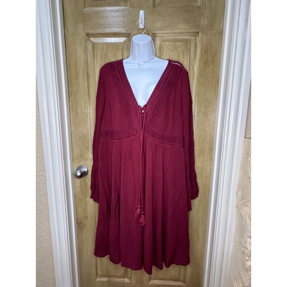 Torrid Maroon Tie Front Long Sleeve Knee Length Dress 1 (1X) - Picture 1 of 7